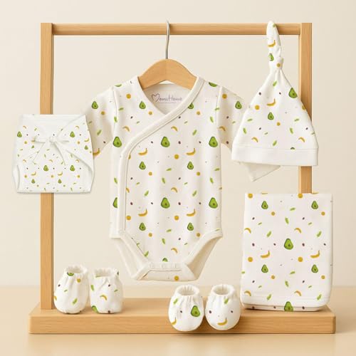 Image of MOM'S HOME Organic Cotton Baby Clothing Set | Baby Essential Clothes For Newborn | Baby Shower Gift Hamper | 0-6 Months | Avocado | Pack of 6
