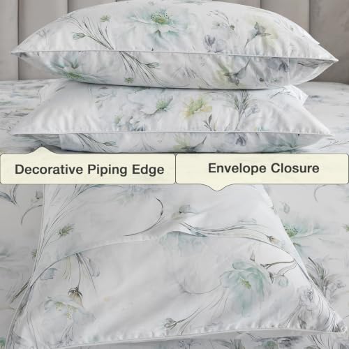 Image of Vintage Green Floral Percale Bed Sheets Full Size Deep Pocket 4Pcs | 100% Cotton Flower Farmhouse Sheet Set, Peony Print Cottagecore Sheets, Luxury Designer Bedding, Aesthetic, Soft Crisp, White