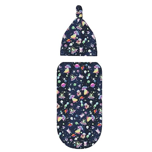 Image of Cartoon Space Newborn Swaddle Blanket with Hat Sets Newborn Receiving Blanket for Boy Girl Swaddle Sack Shower Infant Gift