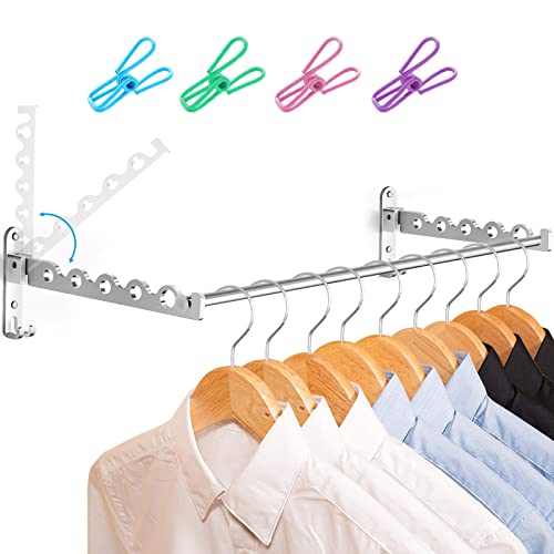 LIVEHITOP Perchero de Pared para Ropa, Barra de Riel para Colgar Pared Ahorra Espacio Colgador para Lavandería, Dormitorio, Baño (Plateado, 2)
