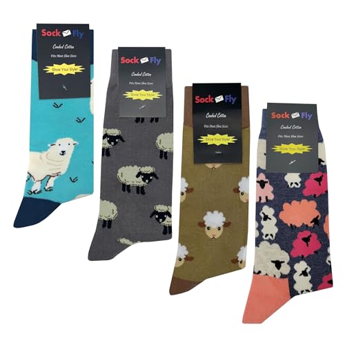 Sheep Dress Socks 4 Pack Funny Novelty Crazy Fun Design Men Size 8-12 Cotton Casual Crew Colorful Funky Fancy Socks Gift for Men2