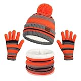 MAGIMODAC Gestreifte Strickmütze Loop Schal Handschuhe Set Kinder Jungen Mädchen Warm Fleece Beanie Winter Schal Wintermütze Orange