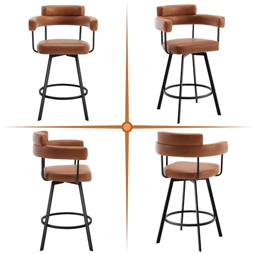 Butacos giratorios de estilo mid-century modern, altura de barra (26 pulgadas), cuero sintético marrón, respaldo abierto envolvente, patas metálicas, pedal anular, para isla de cocina y bar en casa — Set de 2 miniatura 6