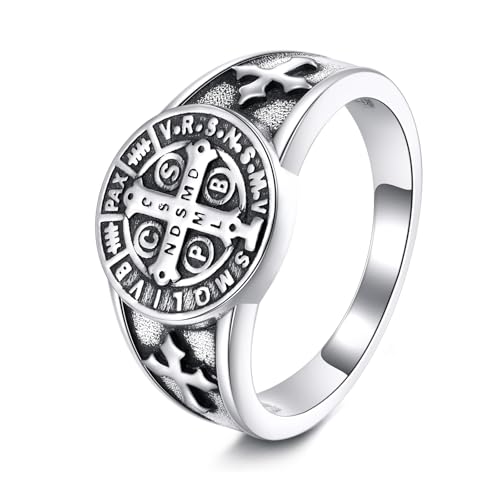 URONE St Benedict Exorcism Ring 925 Sterling Silver Catholic Ring St Benedict Jewelry For Men Women
