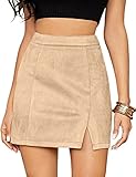 Mulisky Skirts for Women, Faux Suede High Waist Side Split Zipper Mini Skirts Beige