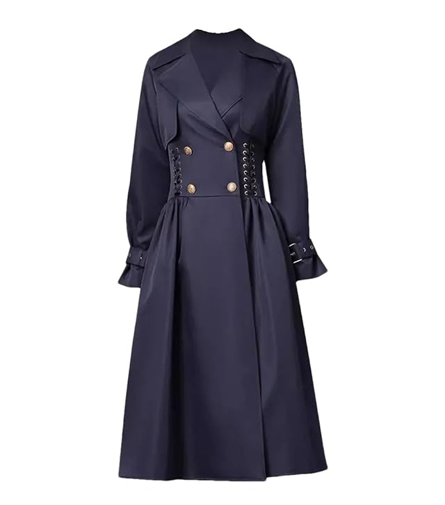 Women Notch Lapel Collar Long Sleeved Double-Breasted Trench Coat Classic Vintage Knee-Length Overcoat