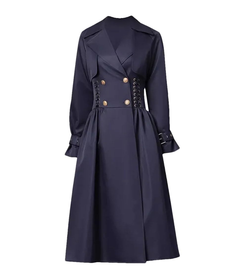Women Notch Lapel Collar Long Sleeved Double-Breasted Trench Coat Classic Vintage Knee-Length Overcoat