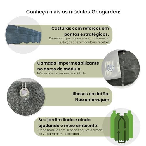 GEOGARDEN Módulo para Jardim Vertical Natural 10 Bolsos com Camada Impermeabilizante, Interno ou Ext
