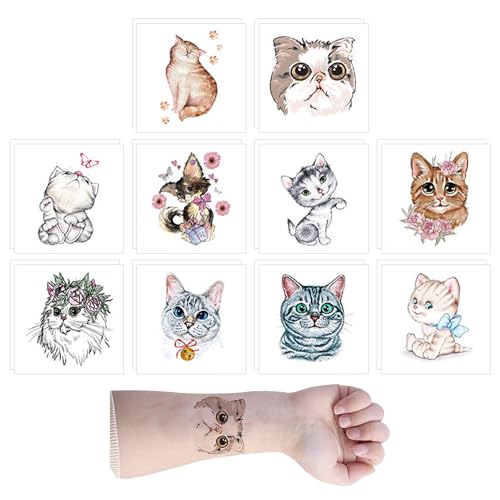 20 adesivi per tatuaggi di gatto di cartoni animati e animali, temporanei per bambini, creativi e carini, adatti per