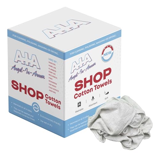 Angel-in-Armor Shop Towels (14”x14”) – 1000 Unit Box of Lint-Free Cotton Shop Towel Cleaning Rags – Durable Shop Rags for Auto, Garage, Industrial, and Commercial Use