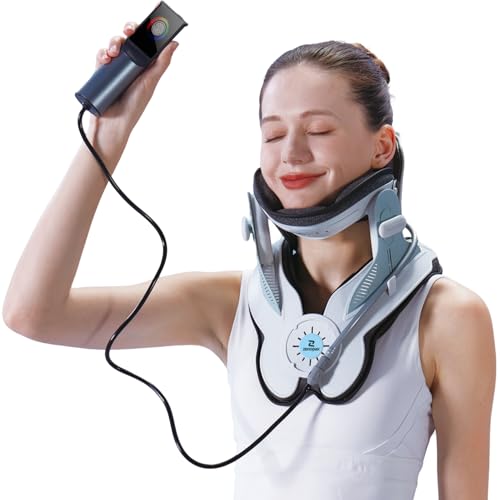 Cervical Neck Traction Device, Adjustable Neck Stretcher Cervical Traction Device, Neck Pain Relief, Electric Air Pump with 3 Power Traction, 8 Built-in Airbag Support, Use at Home or Office, White