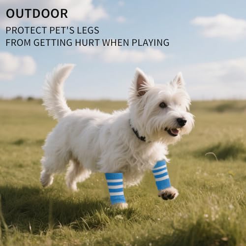 Image of ROZKITCH Pet Dog Elbow Protector Dog Elbow Sleeve, 2PCS Front Leg and 2PCS Back Leg Knee, Elbow Wrap Leg Warmer Wrap Protector, Pet Elastic Knitted Breathable Protective BlueStripe M