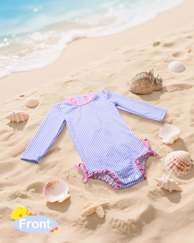 Image of ALVA Girls' One Piece Swimsuit with Hat, Baby Rash Guard Sets,Long Sleeve Zipper UPF 50+ Sun Protection Bathing Suit