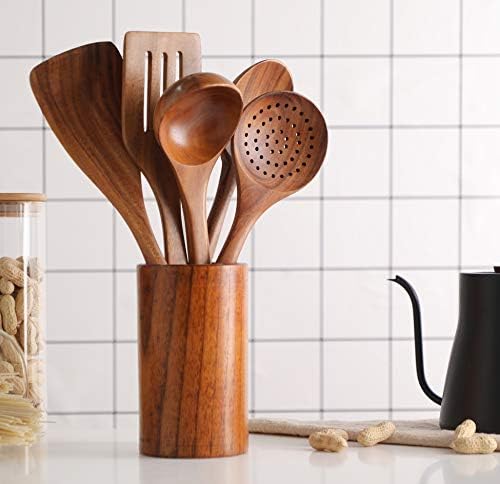 Healthy Cooking Utensils Set,Tmkit Wooden Cooking Tools and storage wooden barrel- Natural Nonstick Hard Wood Spatula and Spoons - Durable Eco-friendly and Safe Kitchen Cooking spoon (set of 6)