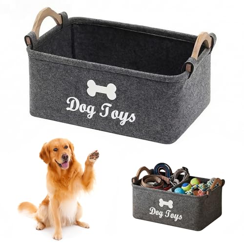 WestCH Grigio Scuro Rettangolo Cestino Portagiochi per Cani,Cesto per Giochi del Cane con Manico in Legno,Porta Giochi Cane in Feltro Pieghevole 38x25x18cm per Riporre Giocattoli per Cani,Cibo,Vestiti