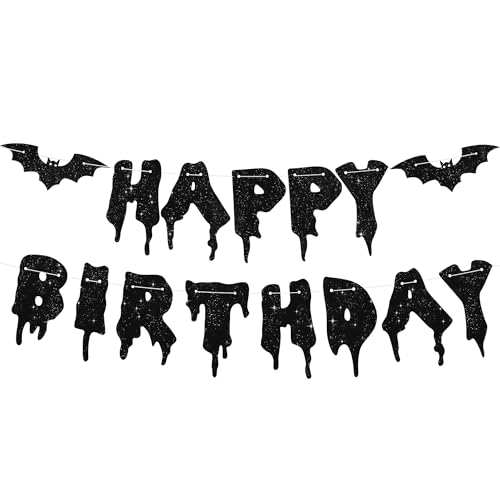 RICHHHA Glitter Black Glitter Happy Birthday Halloween Banner- NO DIY - Halloween Hanging Paper Garland Bunting Banner Decorations Party Supplies for Kids Boy Girl Birthday