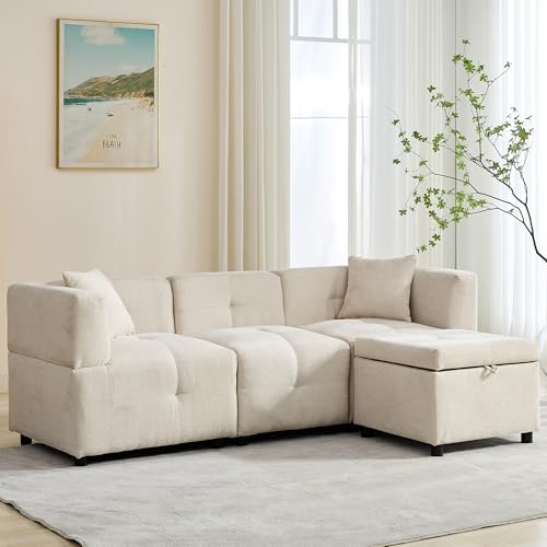 Merax Corner Sofa with Removable Storage Ottoman, 3 Seater Sofas for Living Room, L Shaped Sofa with 2 Pillows, 80 Inch Linen Fabric Modular Sofa Couch for Home Apartment Office, Beige