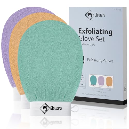 3 PCS Exfoliating Glove and Mitts, Removes Dead Skin and Fake Tan with Kessa Body Scrub Glove Set for Deep Body Cleansing and Hamam Use. (Gentle Exfoliation 3-Pack (150D))