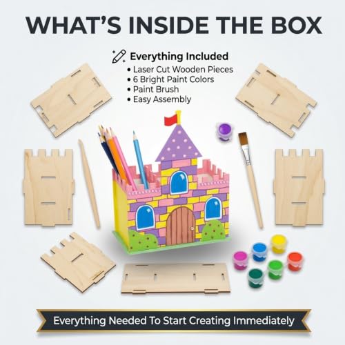 Image of DIY Wooden Castle Pen Holder Kit for Kids, Castle Craft Kit, Activity Kit, Paint Your Own Castle, DIY House Making Kit, Wooden Craft Set with Paints, Art & Craft Toy, Ages 3+, School Project
