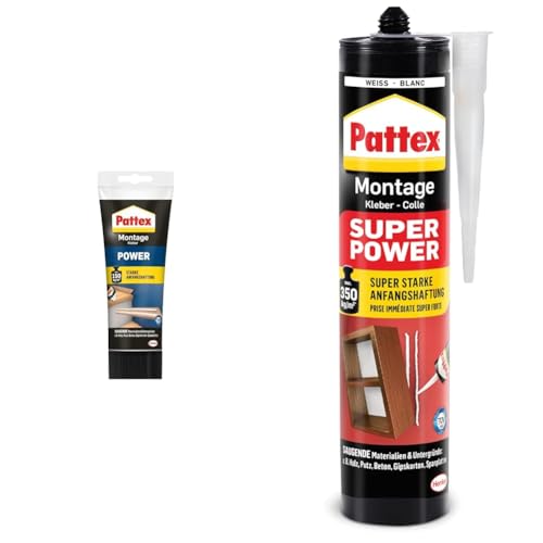 Bundle aus Pattex Montagekleber Power 250g + Pattex Montagekleber Super Power 370g, starke Anfangshaftung, für saugende Materialien, innen & außen