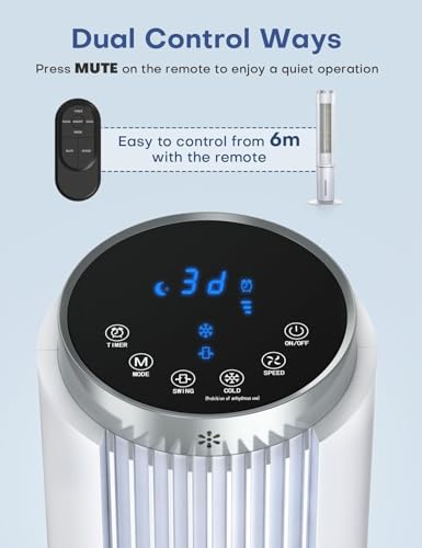 Image of HIFRESH Personal Air Cooler for Home, 107CM Portable Fan, Touch & Remote Control, 4 Mode& 3 Speed, 26Ft Air Throw, 12H Timer, 4 Ice Packs, Auto Rotation, Low Power Consumption Tower Cooler for Room