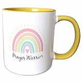 3dRose Prayer Warrior - Cute Pastel Boho Rainbow Pink Heart Christian Pray 11oz Two-Tone Yellow Mug