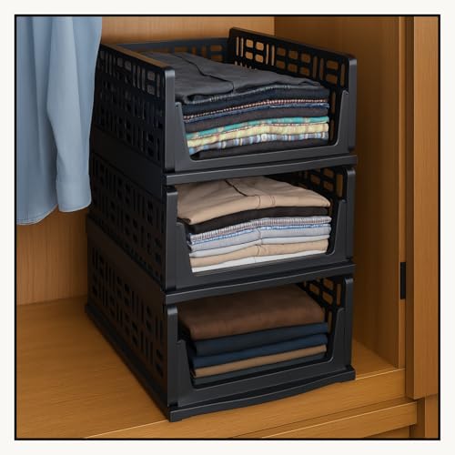 Image of Foldable Drawer Organizer with Stackable Storage Boxes for Wardrobe & Cupboard | Multipurpose Space Saving Storage Bins for Clothes, Toys, Books & Daily Essentials, Black (Pack of 3)