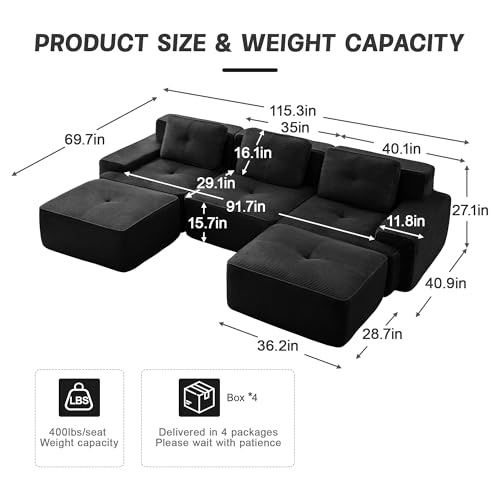 Image of 117 inch U-Shaped 3-Seater Modular Boneless Couch with 2 Ottomans, Cozy Corduroy Upholstery, Deep Seat Cloud sectional Sofa, No Assembly Anti-Slip Stable Design, Black