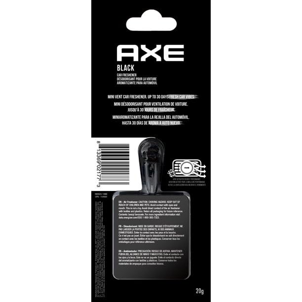 AXE Ambientador mini clip de ventilación, eliminador de olores, purificador de aire proporciona un aroma de larga duración (0.7 onzas líquidas (paquete de 4), negro)
