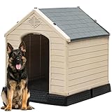 DWVO Large Plastic Dog House, Weatherproof Outdoor/Indoor Doghouse, Puppy Kennel with Air Vents and Elevated Floor, 41.3''L*38''W*38.8''H, Gray + Brown