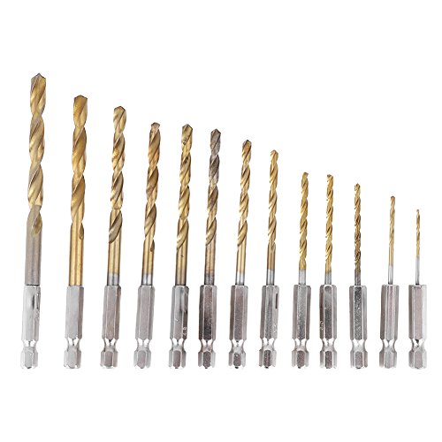 Respicefinem 13 Pieces 1.5-6.5mm High Speed Steel Coated Woodworking Twist Drill Bits Set with Hexagonal Handle Twist Hex Shank Drill Bit Set