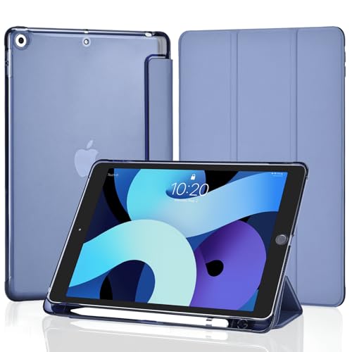 4UBonLife Funda para iPad 9.ª/8.ª/ 7.ª Generación (2021/2020/2019) 10,2 Pulgadas con Portalápiz, Carcasa Protectora Delgada Ligera con Cubierta Trasera Rígida Translúcida para iPad 9/8/7, Gris Lavanda