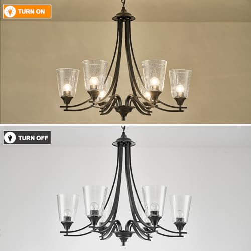 Image of 6-Lights Modern Chandeliers Black with Seed Glass Lampshade Dinging Room Light Adjustable Height 47.2 Ceiling Hanging Lights for Kitchen Island Living Room Dinging Table