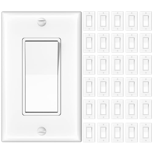 Amico 30 Pack Single Pole Light Switch with Wall Plate, UL Listed, 15A 120/277V, On/Off Rocker Paddle Interrupter Wall Switch, Grounding Screw, Residential Grade, Suitable for Home and Business, White