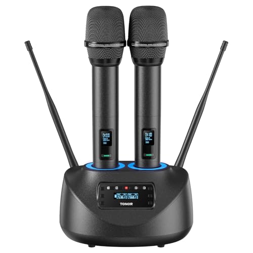 TONOR Wiederaufladbares Kabelloses Mikrofon, Metall-Dual-UHF-Karaoke Bluetooth Mikrofonsystem, UHF-Reichweite 80 m, für Partys zu Hause, Kirche, DJs und Hochzeiten, Dunkelgrau