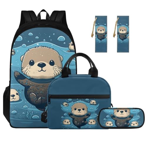 4PCS Backpack Sets Otter Bookbags for 6th Grade Girls Galaxy Elementary School Bags with Lunch Bag Pencil Case and Bookmark Lightweight Back Pack for Back to School Blue & 17 Inch