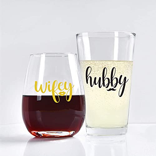 Wifey And Hubby Wine Glass And Beer Glass Novelty Gift Set For Engagement Newlywed Wedding Anniversary Bridal Shower Valentine's Day #TOP4