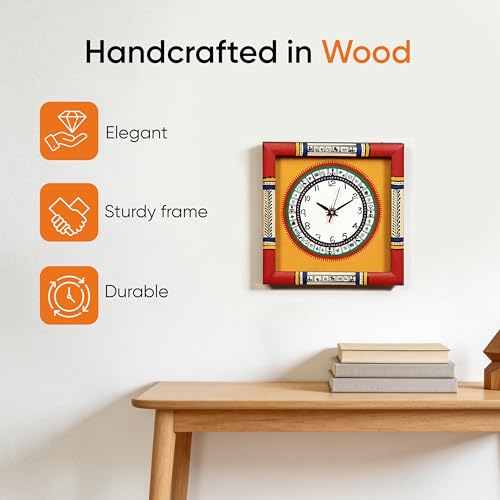 Image of AAKRITI ART CREATIONS Wall Clock Handcrafted Warli Art Dial with Glass Frame Red, Yellow | Wall Clock for Home, Home Decoration | Lightweight Wooden wall Decor | Matte Finish