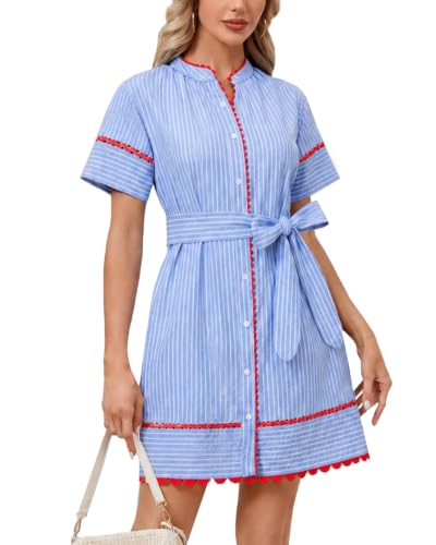 Image of Women's Summer Shirt Dress Short Sleeve Button Down Mini Tie Waist Belted Tunic with Pockets RIC Rac Trim