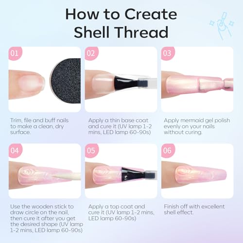 Image of modelones Cat Eye Gel Nail Polish, 6 Colors Shimmer Pearl Magnetic Nail Drawing Set with Magnet, Iridescent Mermaid Swirl Shell Thread Purple Pink Blue Glitter, DIY Manicure Gift for Women Girl