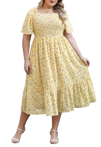 Image of Keluummi Plus Size Wedding Guest Maxi Dresses for Curvy Women, Summer Casual Boho Floral Smocked Empire Waist A Line Sundress