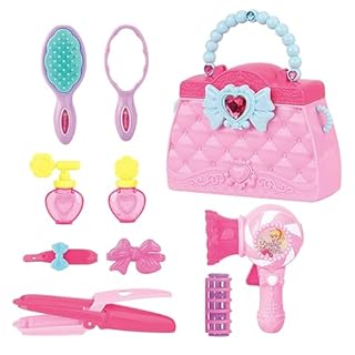 Koolbitz 12Pcs Girls Beauty Vanity Set, Pink Cosmetic Bag, Blow Dryer, 2 Perfume Bottles, Mirror, Hair Brush, Hair Straightener, Curls and Hair Clips, Pretend Play Vanity Toy for Girls Ages 3+ Years
