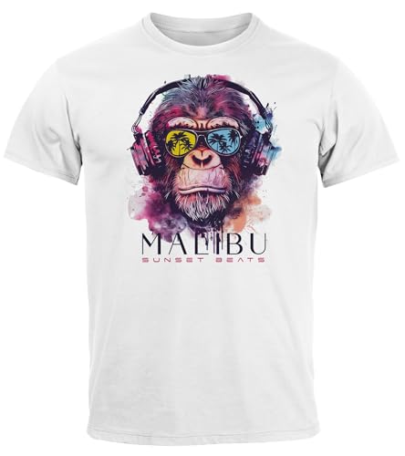 Neverless® Herren T-Shirt AFFE mit Kopfhörer Musik Motiv Party Festival Sommer Printshirt Fashion Streetstyle Weiss XL