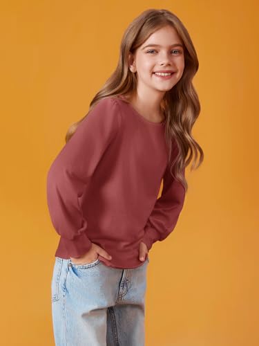 Image of Haloumoning Girls Puff Long Sleeve Shirts Fall Tops 5-14Y | Casual,Solid Color,Crewneck, Soft, Tunic Tops Blouse,Kids Long Sleeve T Shirt,,Fashion Clothes