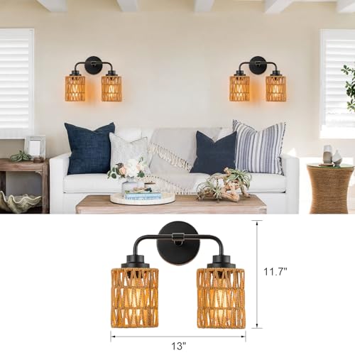 Image of Boho Bathroom Light Fixtures, 2-Light Rustic Vanity Lights Over Mirror | Hand-woven Rattan Wicker Shades, Farmhouse Rustic Vanity Lighting for Bedroom Bathroom Hallway Restroom