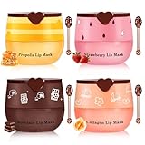 AWCCXMYM 4 PCS Bee Lip Balm Honey Pot Hydrating & Preventing Dry Honey Balm Lip Balm Honey, Strawberry, Collagen, Chocolate Moisturizing Lip Sleeping Mask with Sticks