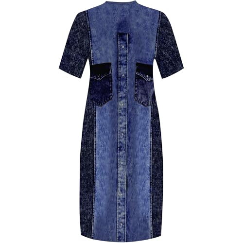 Image of SUZONANA Plus Size Denim Print Shirt Maxi Dresses for Curvy Women Casual Blue Jean Summer Outfits Long Short Sleeve Dress with Pockets Patchwork 5XL