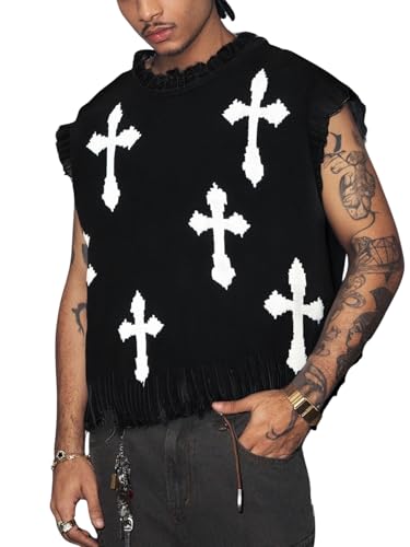 Verdusa Men's Cross Print Sweater Vest Y2k Ripped Rave Knit Tops