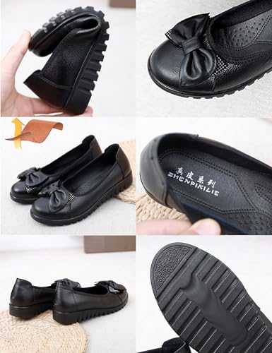 Women's Black Leather Wedge Dress Pumps,Comfort Cute Knot Bow Rhinestones Round Closed Toe Slip On Low Casual Shoes2
