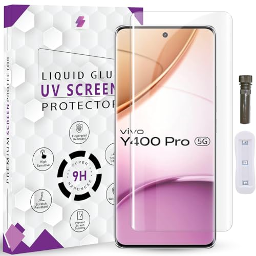 Image of Advanced HD+ UV Tempered Glass Screen Protector For Vivo Y400 Pro 5G (6.77 Inch, Pack of 1) Full Adhesive UV Curved Screen Guard, Case Friendly with installation kit & Guide